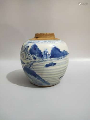 Blue and white hand, landscape canister.11 CM high, diameter...