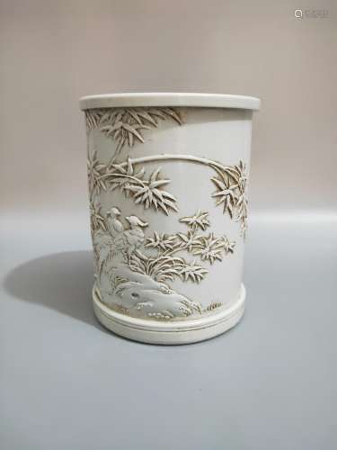 Wang Bingrong, carved porcelain brush pot.11 CM high 13.6 CM...