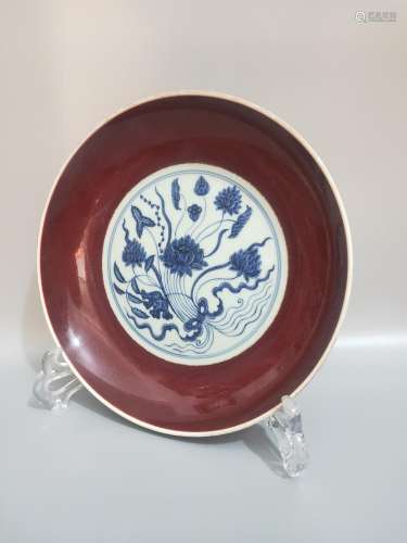 , the red glaze, blue and white hand painted lotus plate.4.5...