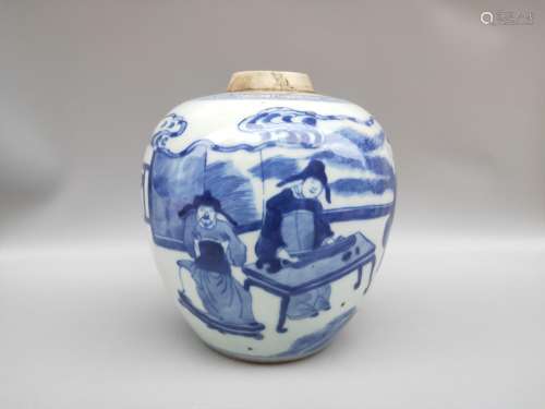 Blue and white characters hand-painted canister.14 CM high, ...