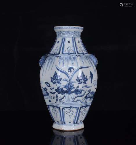 Blue and white flower on lotus yang play animal head pot;29....