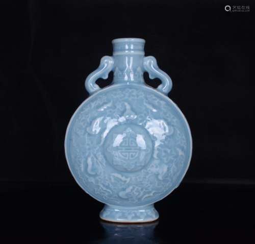 Powder blue glaze carving flat bottle gourd lines;21.5 x15;9...