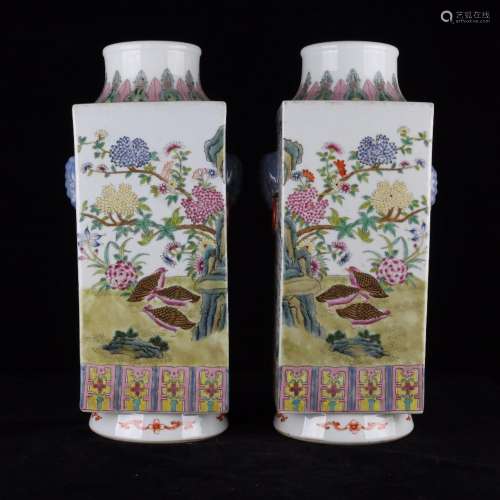 Powder enamel vase with a pair of paintingSize 13 * 18 * 37 ...