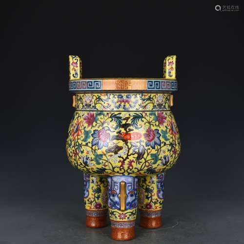 Yellow colored enamel floral censer in antique antique ancie...