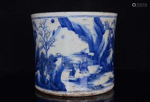 Blue and white landscape character pen container;16.8 x19.8;...