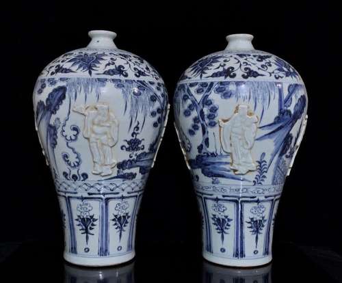 Blue and white sculpture mei bottles of a pair of the eight ...