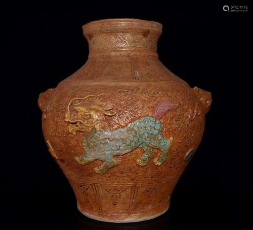color carving kylin grain animal head pot;37 x37;7460001300 ...