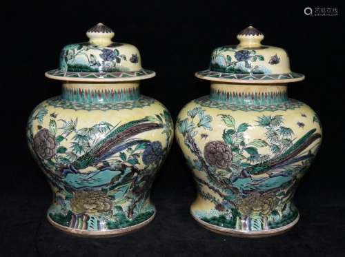 General show peony fung yellow glaze colorful tank a pair of...