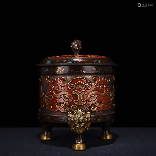 Bronze glaze alum red colour dramatic beast grain carving ho...