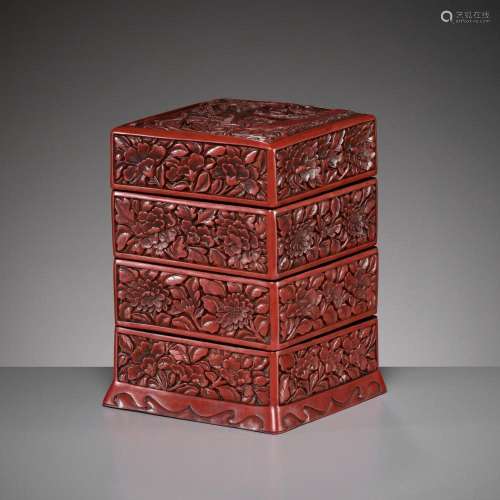 A CINNABAR LACQUER THREE-TIERED BOX AND COVER, LATE YUAN TO ...