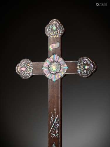 A MOTHER-OF-PEARL-INLAID ROSEWOOD APOSTLE CROSS, VIETNAM, NG...
