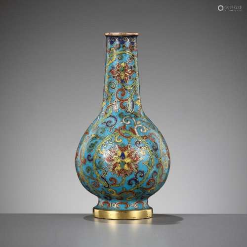 A CLOISONNÉ ENAMEL ‘LOTUS’ BOTTLE VASE, QIANLONG FIVE-CHARAC...