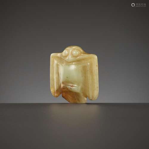 A CELADON AND RUSSET YELLOW JADE ‘BIRD’ AMULET, HONGSHAN CUL...