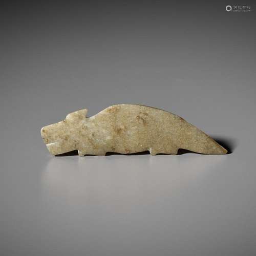 A PALE GREEN JADE ‘DRAGON’ PENDANT, SHANG TO WESTERN ZHOU DY...