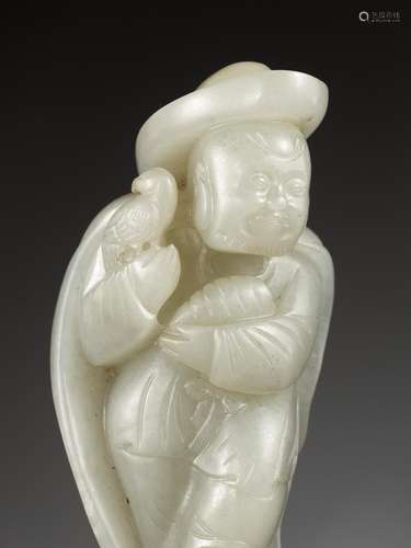 A PALE CELADON JADE FIGURE OF A PERSIAN FALCONER, 18TH CENTU...