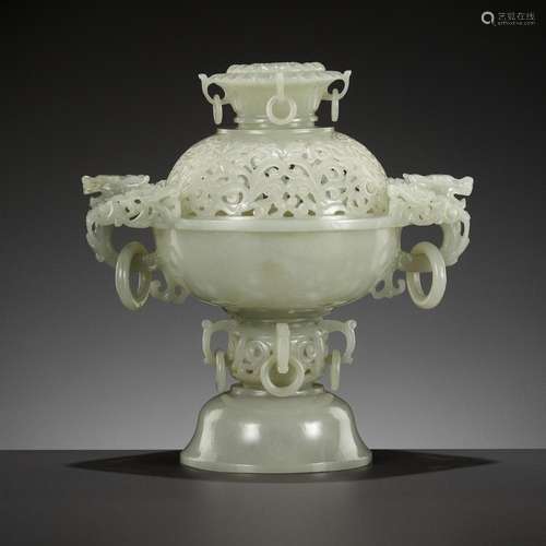 A MUGHAL STYLE PALE CELADON JADE CENSER AND COVER