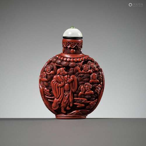 A ‘JOURNEY TO THE WEST’ CINNABAR LACQUER SNUFF BOTTLE, PROBA...