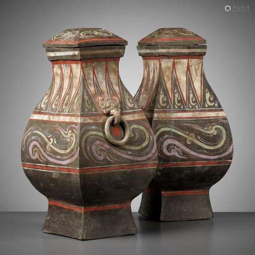 A PAIR OF LARGE PAINTED POTTERY SQUARE VASES AND COVERS, FAN...