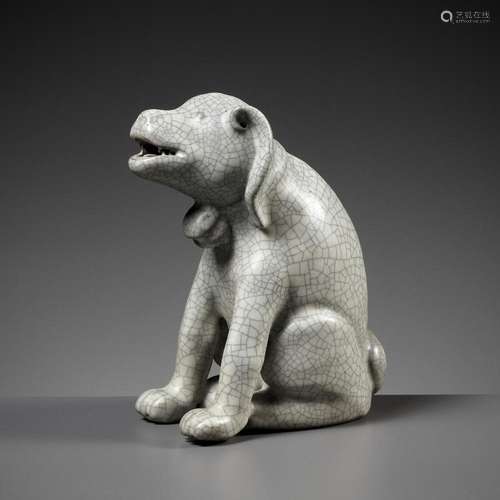 AN EXTREMELY RARE GUAN-TYPE FIGURE OF A HOUND, QIANLONG PERI...