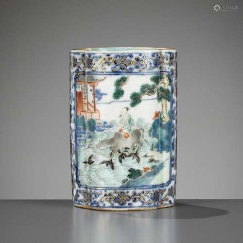 A FAMILLE ROSE ‘NIULANG AND ZHINÜ’ QUATREFOIL BRUSHPOT, BITO...