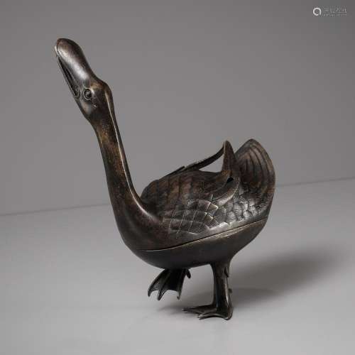 A BRONZE ‘DUCK’ CENSER AND COVER, MING DYNASTY