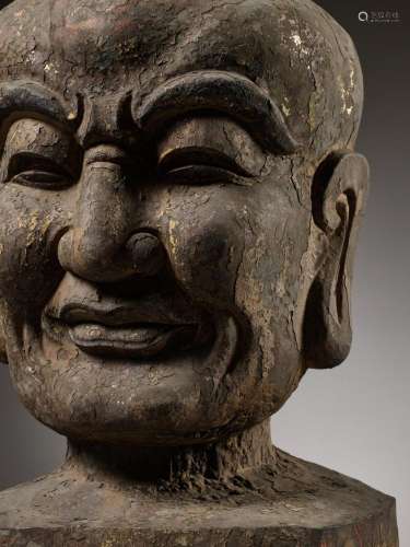 A RARE WOOD HEAD OF A LUOHAN, SONG DYNASTY