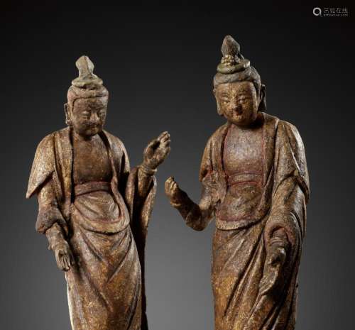 A PAIR OF GILT STUCCO TEMPLE FIGURES OF BODHISATTVAS, YUAN -...