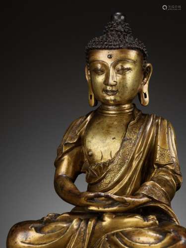 AN EXCEPTIONALLY RARE AND SIGNED GILT BRONZE FIGURE OF BUDDH...