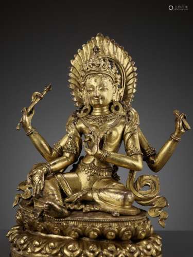 A CAST AND REPOUSSÉ GILT COPPER ALLOY FIGURE OF TARA, NEPAL,...