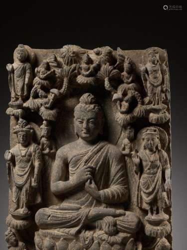 A SCHIST STELE DEPICTING BUDDHA, ANCIENT REGION OF GANDHARA,...