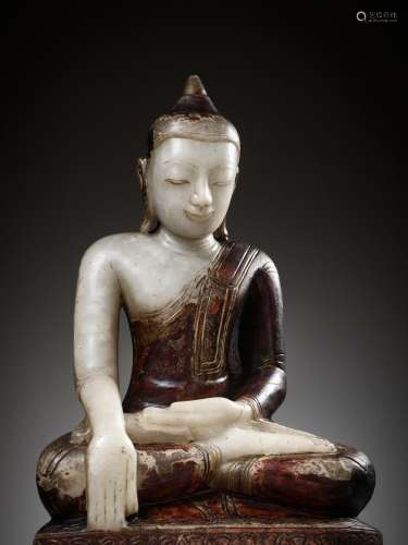 A LARGE AND HEAVY WHITE MARBLE LACQUERED FIGURE OF BUDDHA SH...