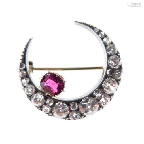 Late Victorian diamond and ruby crescent brooch