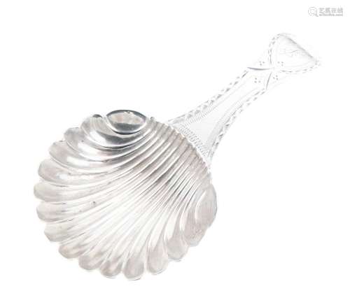 George III silver caddy spoon with shell bowl and bright cut...