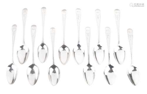 Set of six George III silver teaspoons with bright cut decor...
