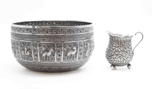 Indian white metal bowl and cream jug