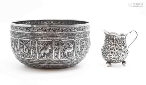 Indian white metal bowl and cream jug