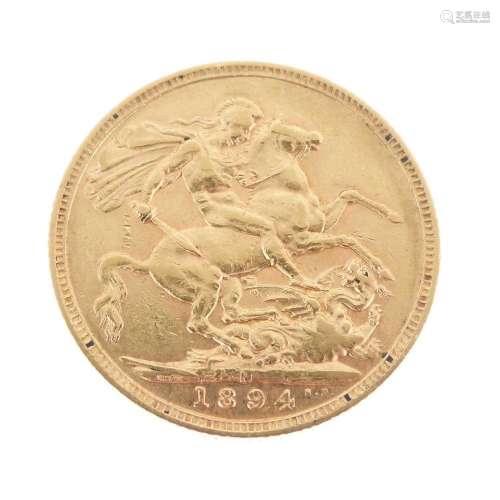 Queen Victoria gold sovereign, 1894, Melbourne Mint, old vei...
