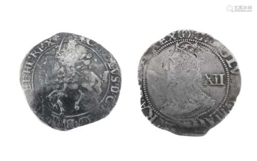 King Charles I silver half crown and silver shilling