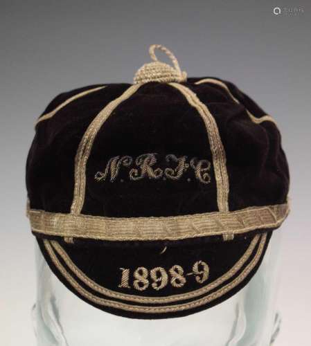 Late Victorian sports cap embroidered N.R.F.C. 1898-9