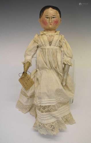 19th Century large painted wooden peg doll