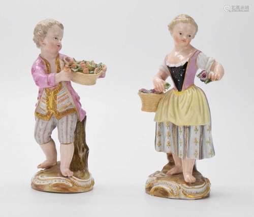 Pair of Meissen figures holding flowers and fruit