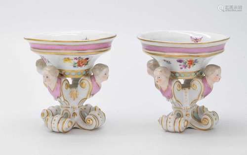 Pair Meissen oval salts, cruciform mask bases