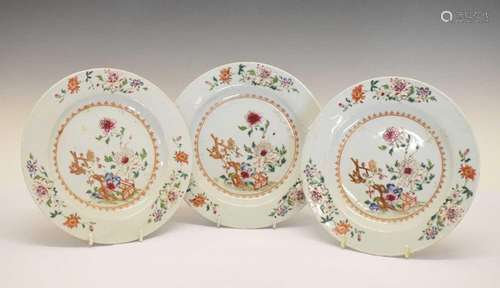 Three Chinese Canton Famille Rose porcelain plates, circa 18...