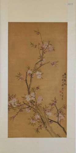 Chinese watercolour on silk scroll painting of cherry blosso...