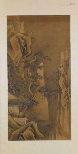 Chinese watercolour on silk scroll painting, mountain temple