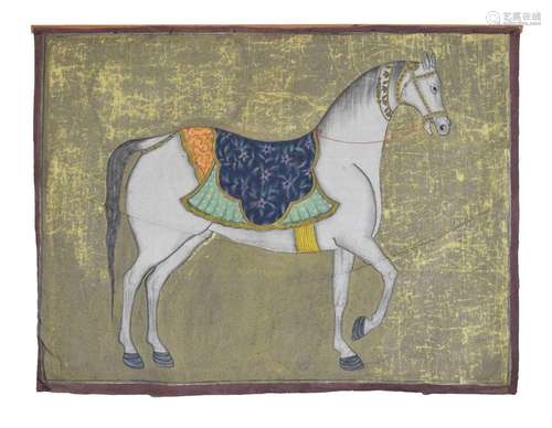 Indian Mughal painted wall hanging depicting a grey horse