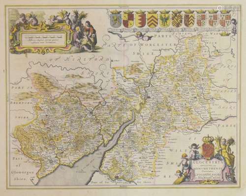 17th Century hand-coloured engraved map of Gloucestershire &...