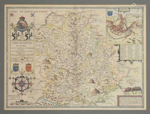 John Speed, 17th Century hand-coloured engraved map of Shrop...