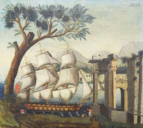 18th Century oil on canvas, capriccio harbour scene