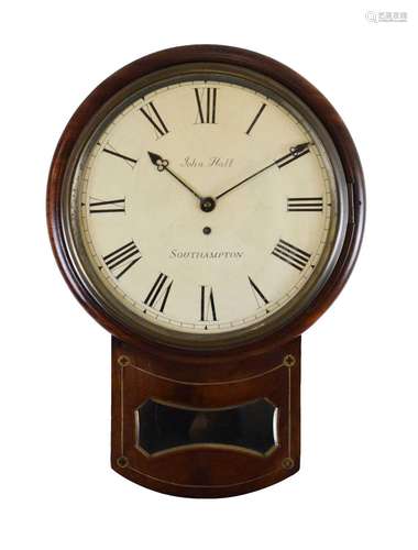 Mid 19th Century brass-inlaid mahogany drop-dial wall clock-...